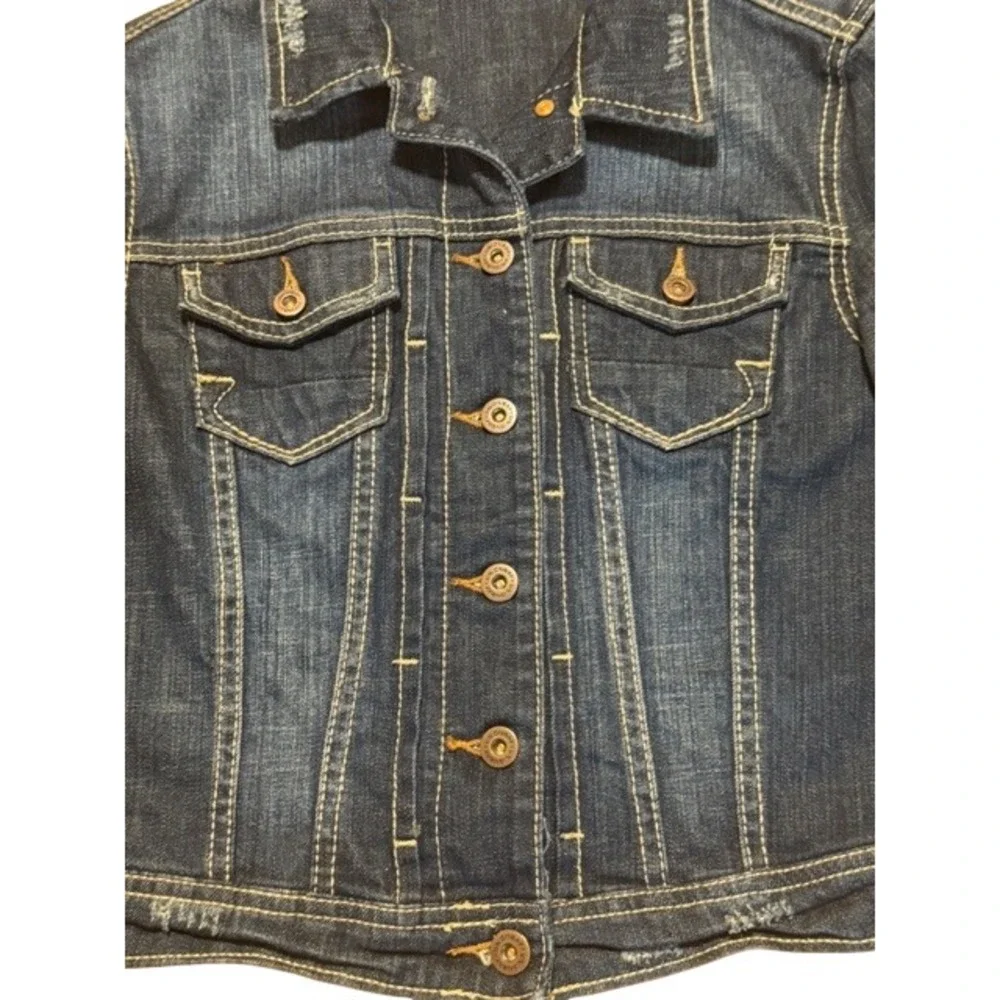 Unionbay Womens Dark Wash Distressed Cropped Denim Trucker‎ Jacket Stretch Small